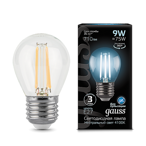 Лампа светодиодная Gauss Filament, Шар 9Вт, 710Lm, 4100К, Е27 купить в СОМ