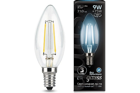 Лампа светодиодная Gauss Filament, свеча, 9Вт, 710Lm, 4100К, Е14 купить в СОМ