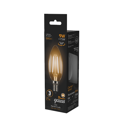 Лампа светодиодная Gauss Filament, свеча, 9Вт, 680Lm, 2700К, Е14 купить в СОМ